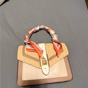 Elegant Beige and Brown Handbag with Scarf Accent